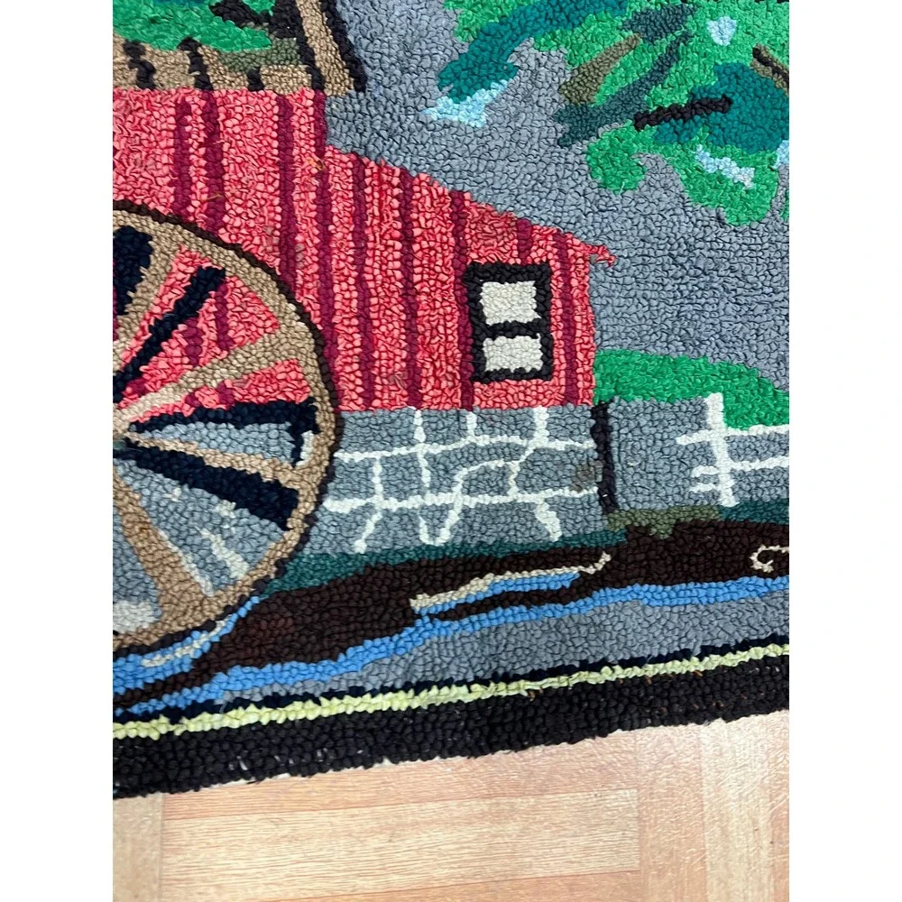 Vintage Latch Hook Rug Country Water Mill Scene Tapestry Cottage Farmhouse Decor